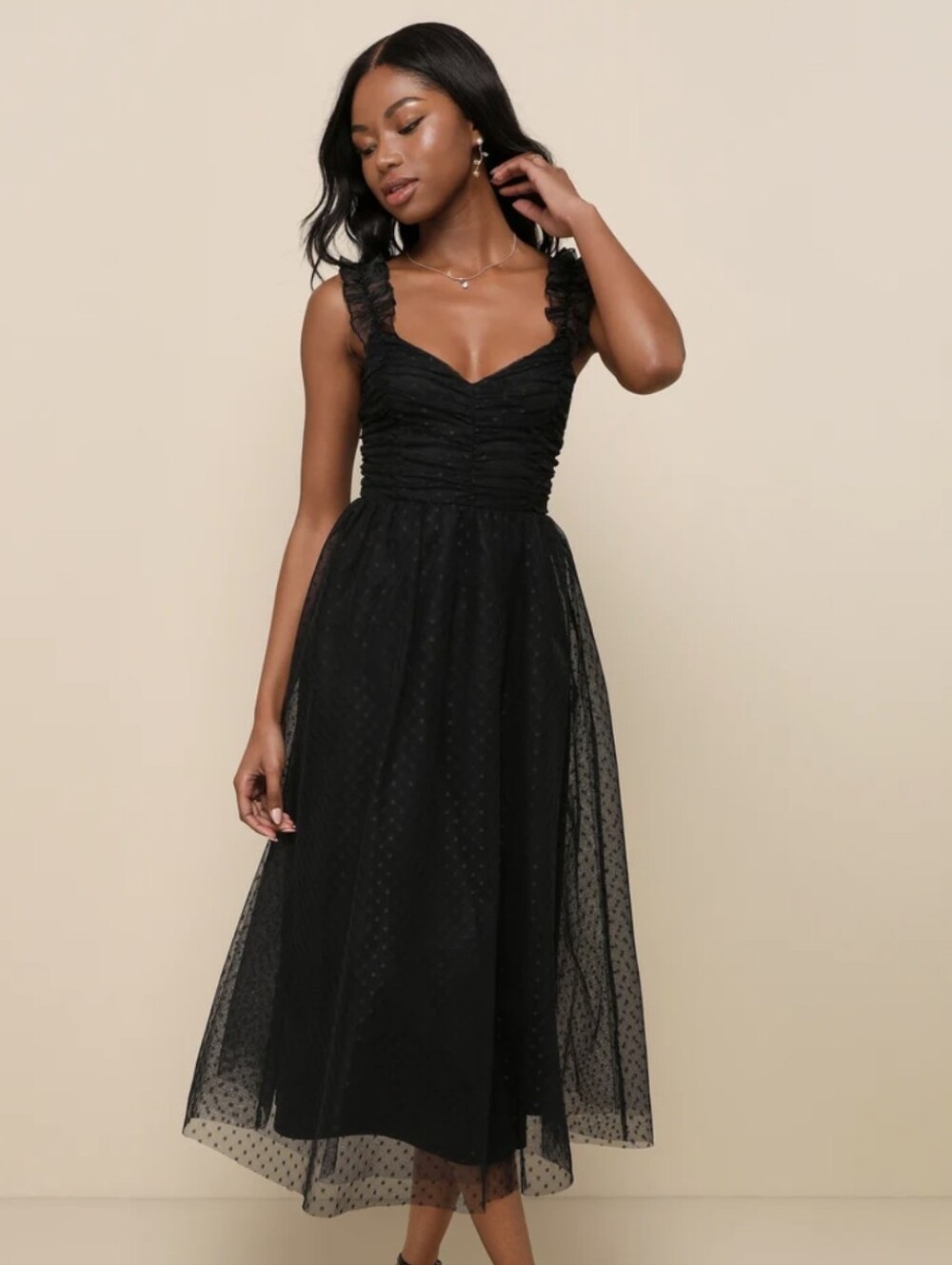 Lulus Black Ruffled Strap Midi Dress Tulle Swiss Dot Size L New